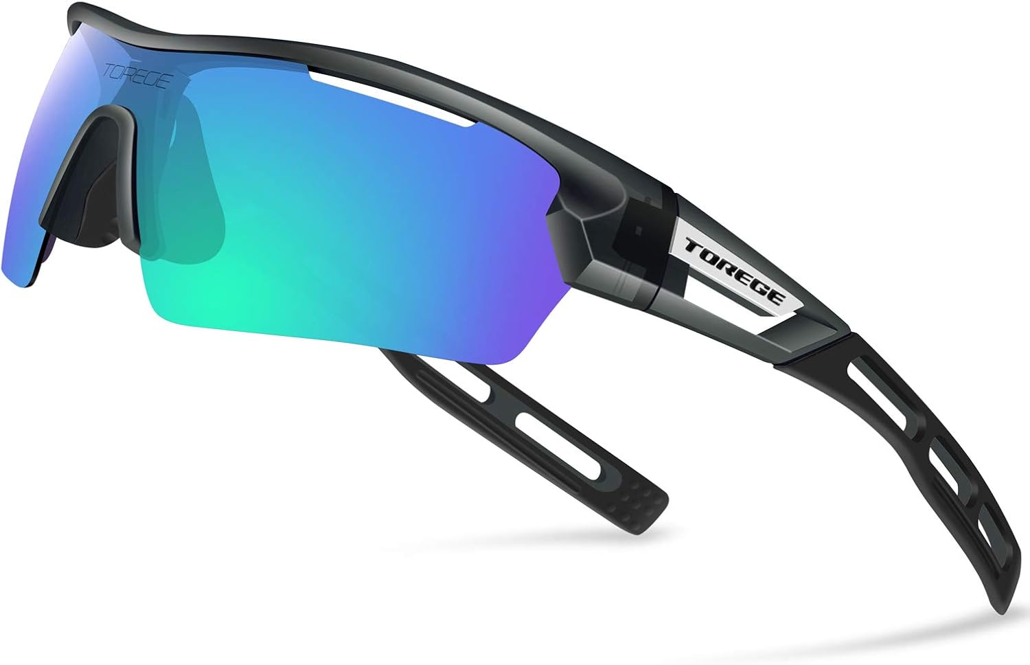 TOREGE Polarized Sports Sunglasses for Men Women Cycling Running Driving TR033(Transparent Gray&Black Tips&Green Lens) : Clothing