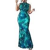 GORGLITTER Women's Plus Size Wedding Guest Dresses Sleeveless Mock Neck Floral Ruched Cocktail Bodycon Pencil Long Maxi Dress
