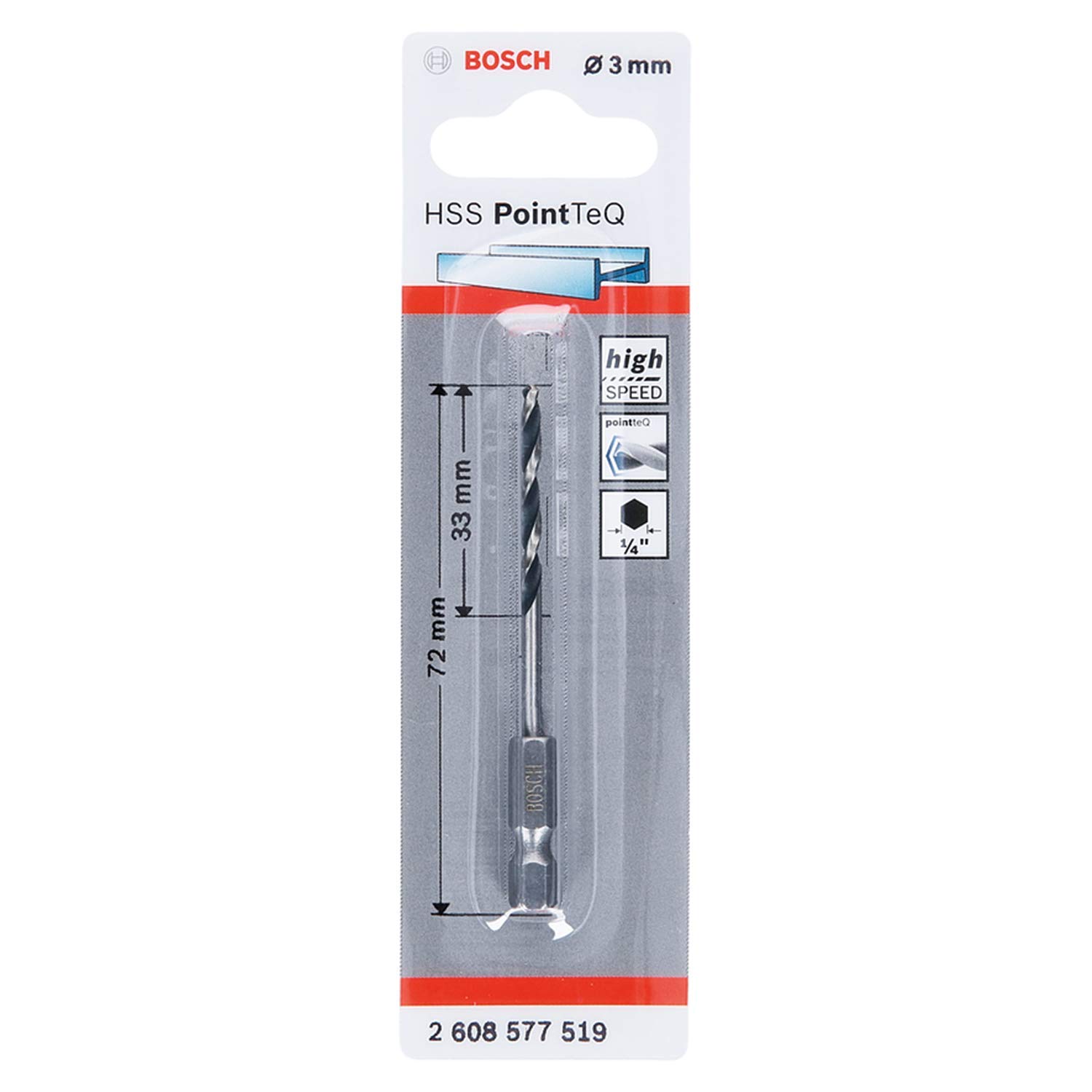 Bosch Professional PointTeQ Hex Drill Bit (for Metal, Ø: 3.0 mm, Total Length: 72 mm, ¼’’ Hex Shank, Accessory for Impact Drivers and Drill Drivers)