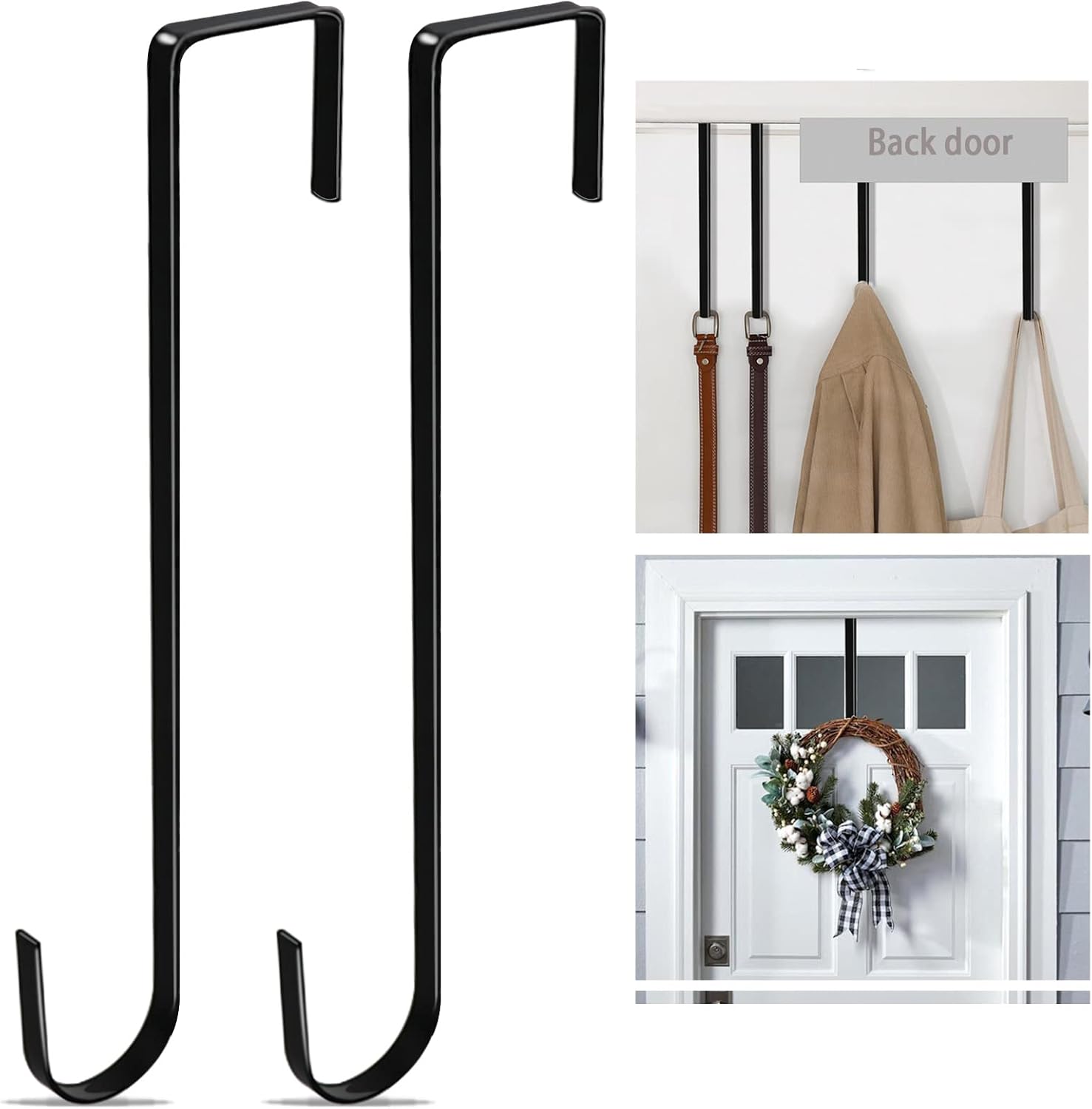 Wreath Hangers - KEYBOO 12 Inch Christmas Wreath Hanger Hooks for Front Door Christmas Decoration Metal Over The Door Hook Practical Clothes,Hat,Towel Hook Christmas Wreath Hanger Hooks (Black, 2 Pack)