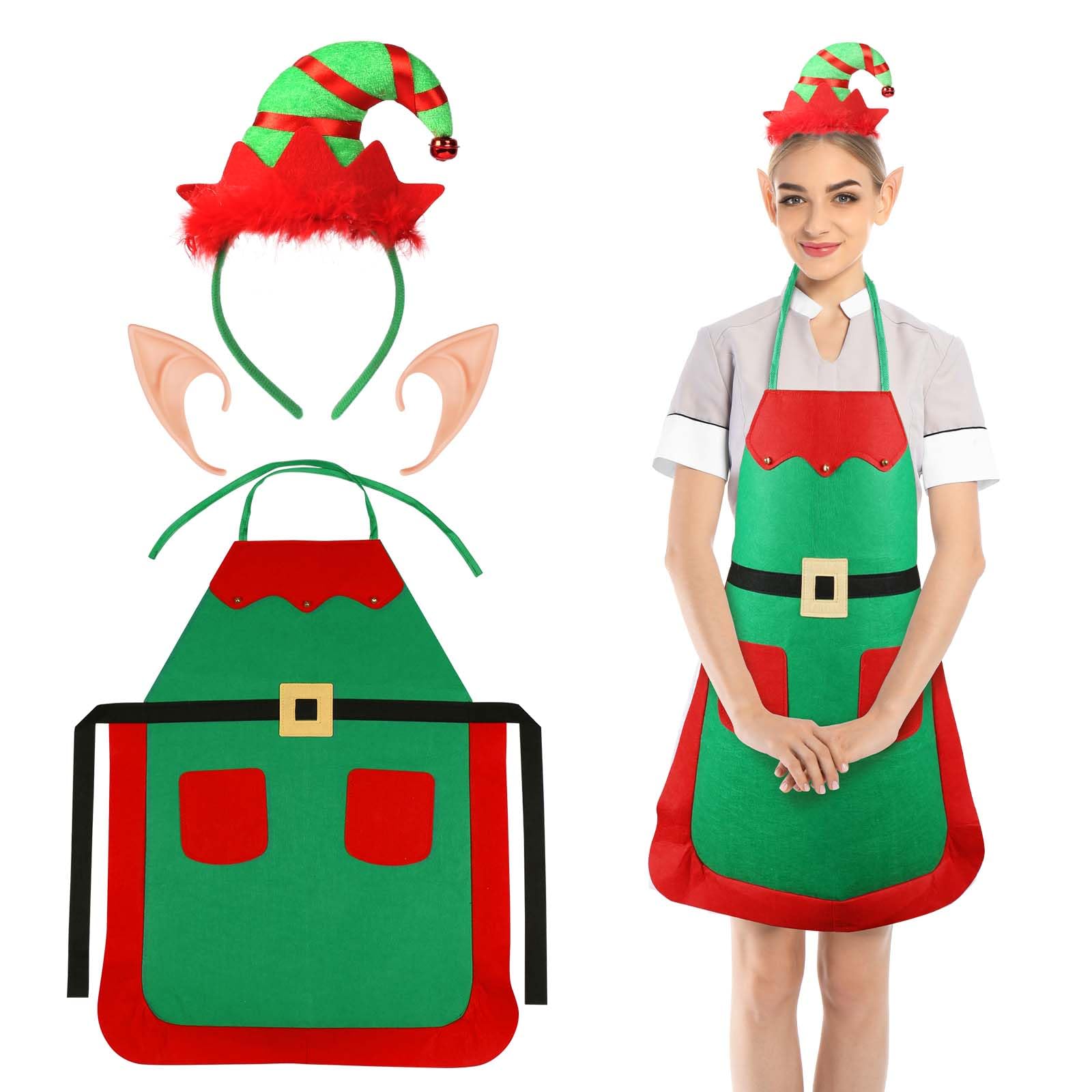 ROSEMO 3 Pack Christmas Elf Apron Set, Include Apron & Elf Hat Headband & Elf Ears, Waterproof Kitchen Apron for Adult Xmas Family Dinner Baking Cooking BBQ Grilling Party, Christmas Chef Gift
