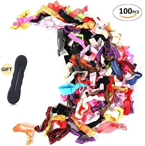 100 PCS Color Ponytail Holders Elastic Ribbons Hair Bands Ties Multicolored Hair Rope Accessories for Teens Girls Kids (Free Gift: Magic Foam Ponytail Bun Maker)