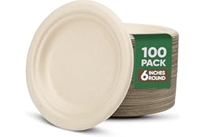Paper Plates 6 Inches, 100 Pack Disposable Plates – 100% Compostable Plates, Water & Oil Proof Dessert Plates, Microwavable S