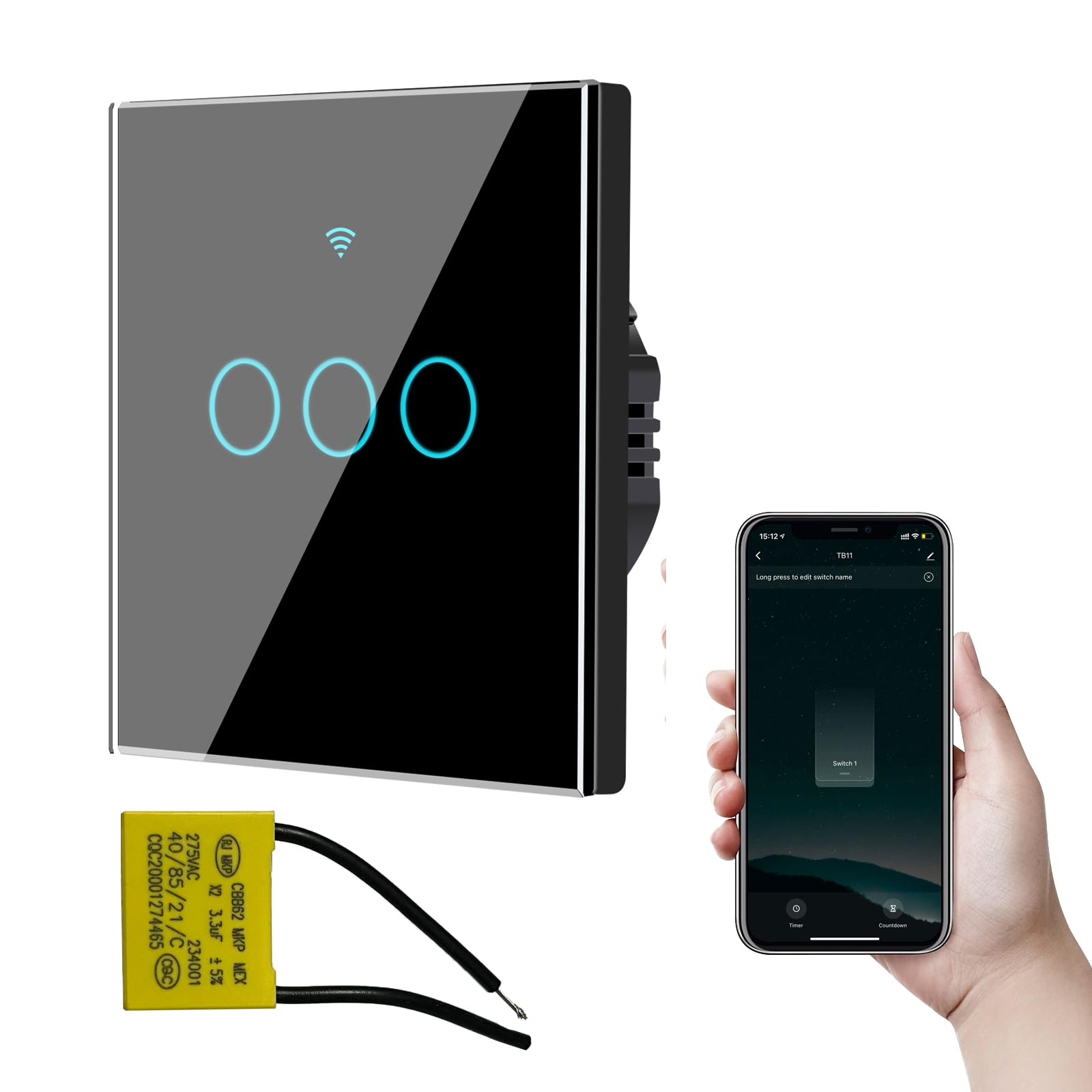 Bkiyougo Smart Touch Light Switch 3 Gang 1 Way WiFi Wall Switch Works with Alexa and Google Home Tuya Smart Life App Voice Control, Glass Panel with LED Backlight