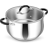 P&P CHEF Stainless Steel Stock Pot, 8 Qt Cooking Soup Pot with Visible Lid for Pasta, Tri-Ply Bottom & Dual Heatproof Handles, For Induction Gas All Stoves, Non-Toxic & Dishwasher Safe