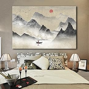 Canvas Wall Art - Chinese Ink Painting Style Landscape with Mountains and River with The Rising Sun - Giclee Print Gallery Wrap Modern Home Art Ready to Hang - 12x18 inches