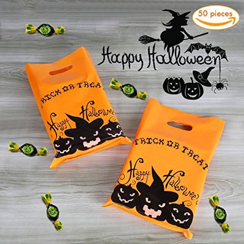 Trick Or Treat Bags Halloween Goody Jack O Bags Jack O Lantern Plastic Candy Orange Pumpkin Face Large Bags(50-pack)