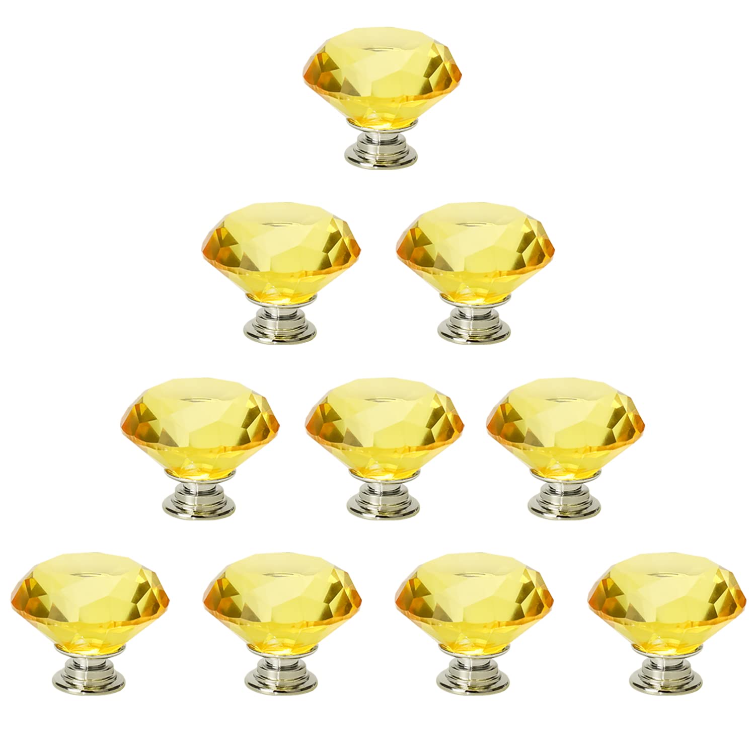 JIABOSE 10pcs 30mm Yellow Crystal Door Knobs for Cabinet Drawer Wardrobe Home Decorating with Silver Base
