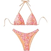 WDIRARA Women's 2 Piece Floral Striped Bikini Set Halter String Thong Swimsuit High Cut Bathing Suit