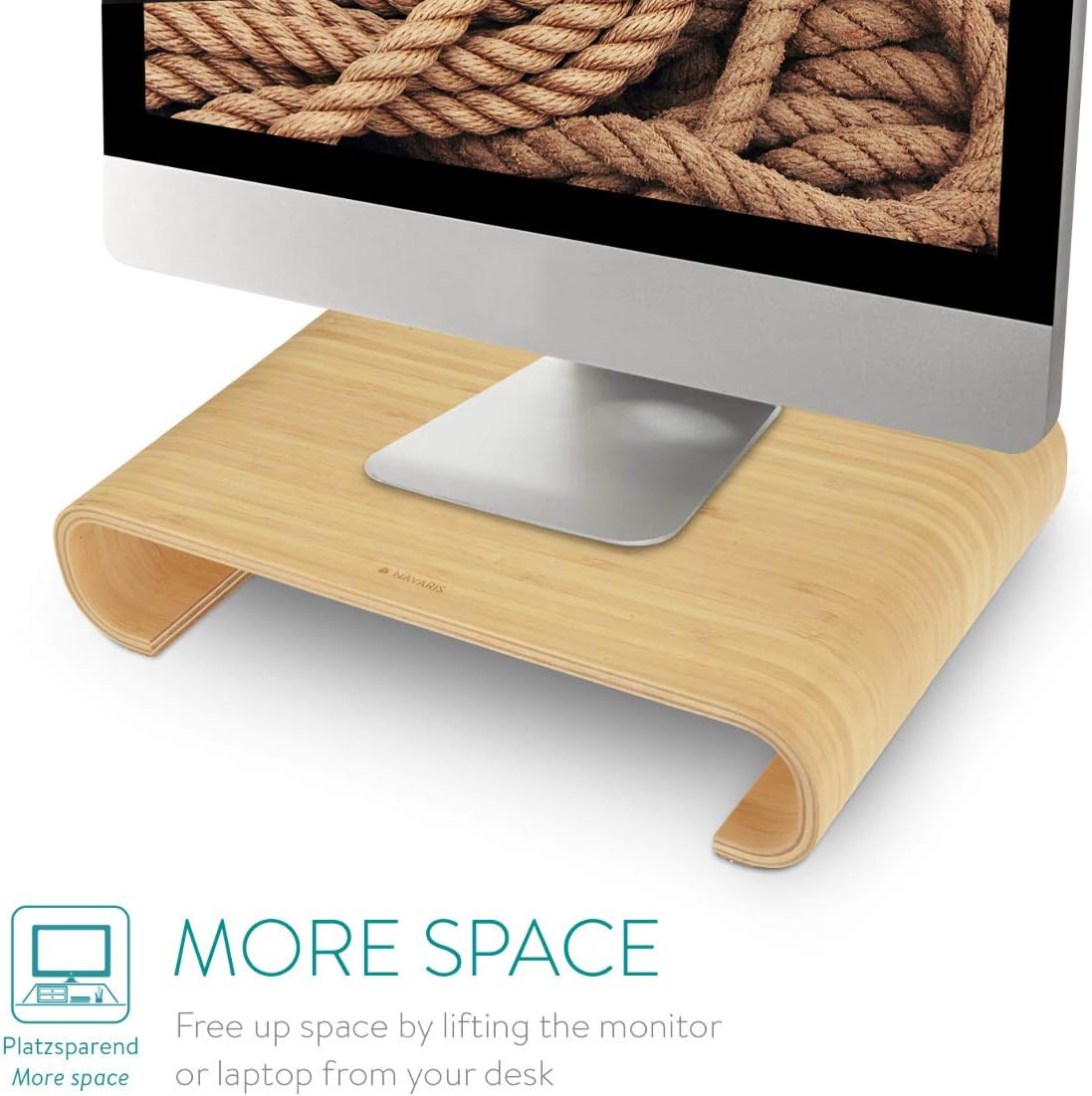 Navaris Computer Monitor Wood Stand - Universal Desk Monitor Holder - Desktop Dock Wooden Mount Display Riser for PC TV Laptop - Bamboo - Image 4