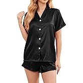 Brezzistaxs Women's Comfy Satin Pajamas - Soft Button-Up Shirt & Ruffled Adjustable Drawstring Shorts - Elegant Sliky Pjs