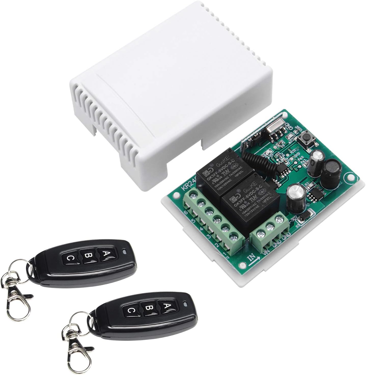 QIACHIP DC 12V 24V 433mhz Wireless Radio Remote Control Switch RF Relay Receiver Board 2CH 10A with 2 Transmitter Key fobs for Motor Light