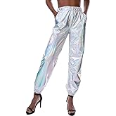 SIAEAMRG Womens Shiny Metallic High Waist Stretchy Jogger Pants, Wet Look Hip Hop Club Wear Holographic Trousers Sweatpant
