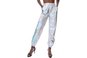 SIAEAMRG Womens Shiny Metallic High Waist Stretchy Jogger Pants, Wet Look Hip Hop Club Wear Holographic Trousers Sweatpant