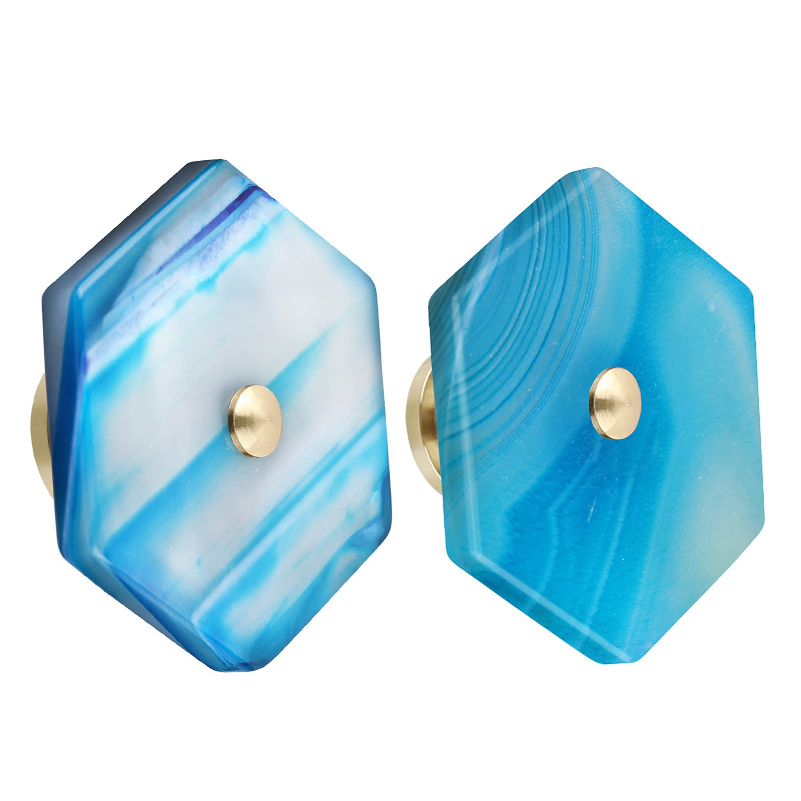 Nupuyai 2pcs Agate Slice Cabinet Knobs with Screws, Hexagonal Stone Decorative Drawer Pulls Handle for Dresser Cupboard Wardrobe, Blue