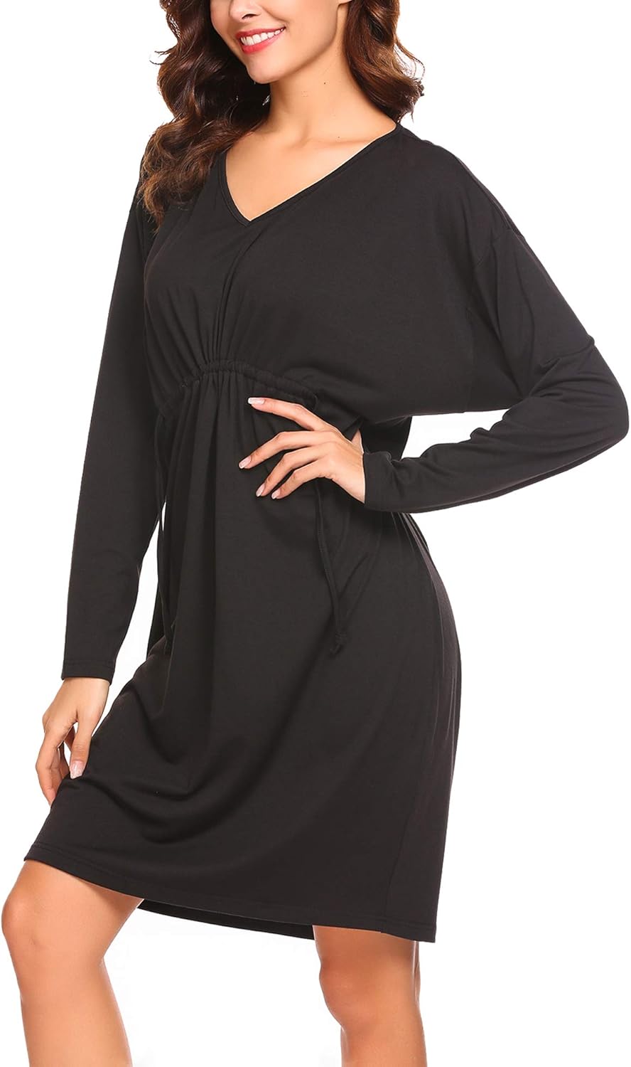 Aseniza Nachthemd Damen - Langarm, Baumwolle, V-Ausschnitt Mit Taschen