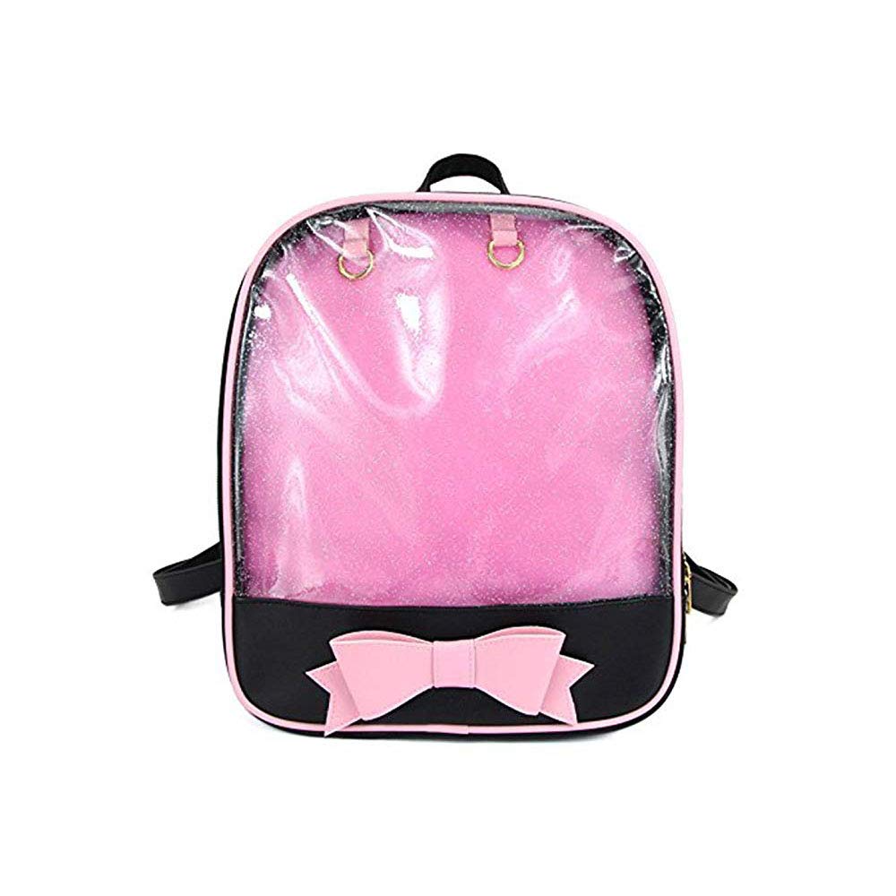 KEEPOP Ita Bag Backpack Girls Cute Candy Leather Bag Purse School Bag Summer Beach Bag Purse with Bowknot Transparent Windows for DIY Decors Black/Pink