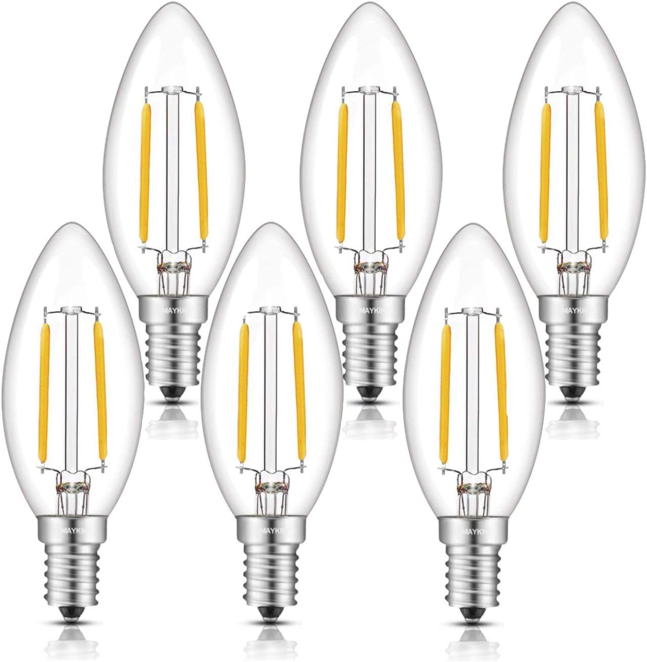 TAMAYKIM 2W Dimmable SES LED Filament Candle Light Bulb, 2700K Warm White 200LM, E14 Candelabra Base Lamp, C35 Torpedo Shape Bullet Top, 20W Incandescent Replacement, 6 Pack [Energy Class A++]