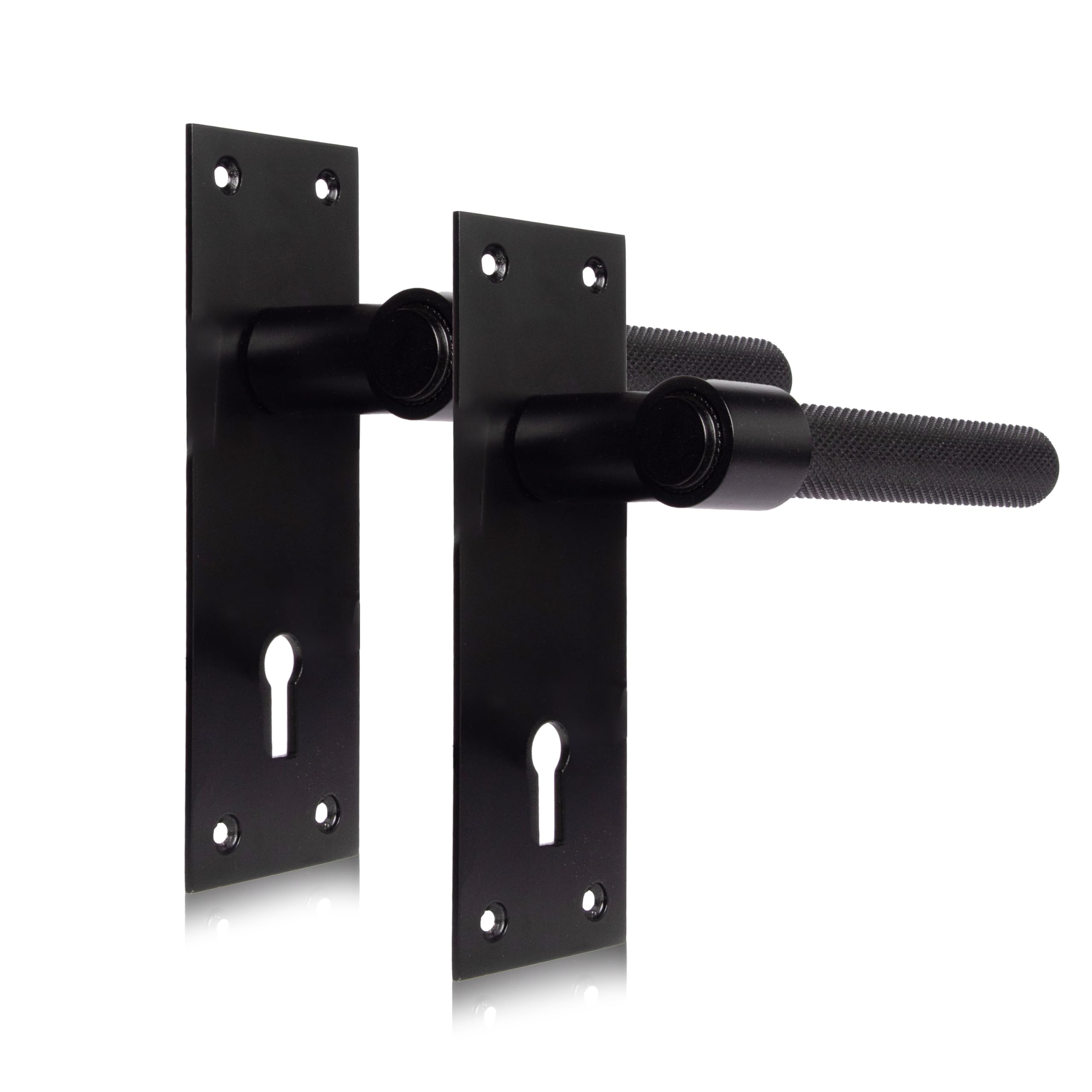 XFORT Onyx Collection, Slimline Backplate Lock Knurled Door Handles, Matt Black (150x60mm) for Internal Wooden Doors