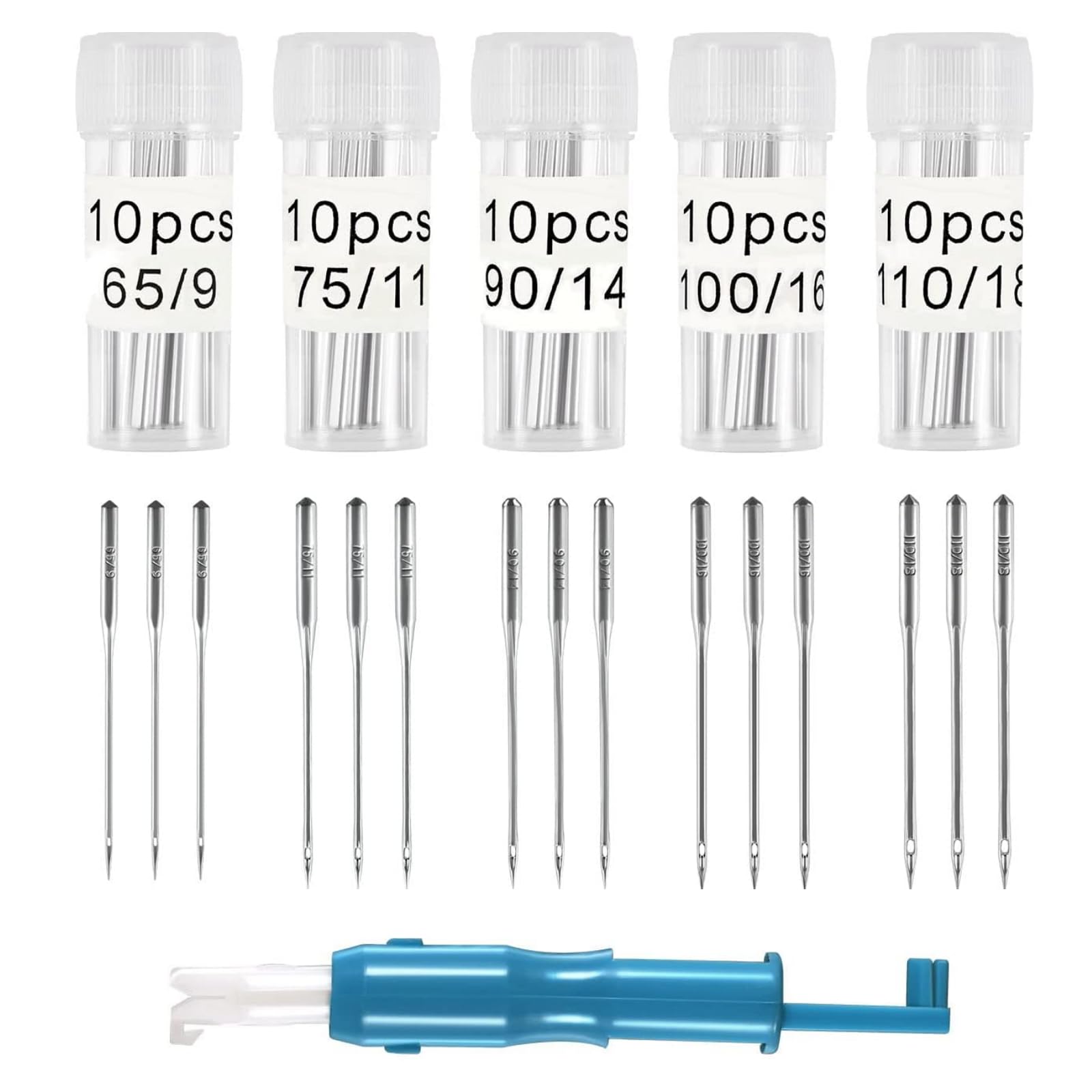 50pcs Sewing Machine Needles Household 65/9 75/11 90/14 100/16 110/18 Universal Each Model 10pcs with a Needle Threader Suitable for Domestic Heavy Duty Sewing Machine and Wide Range of Fabrics