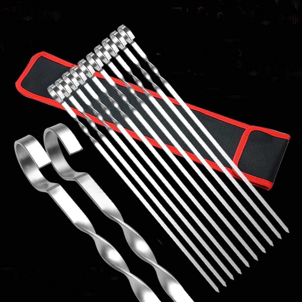 HeyWin Metal Skewers,10 Pcs,16.8 inch Long Kebab Skewers for More Meat or Vegetabels, Thick Stainless Steel, Easy Clean,with A Storage Pouch (Size 1)