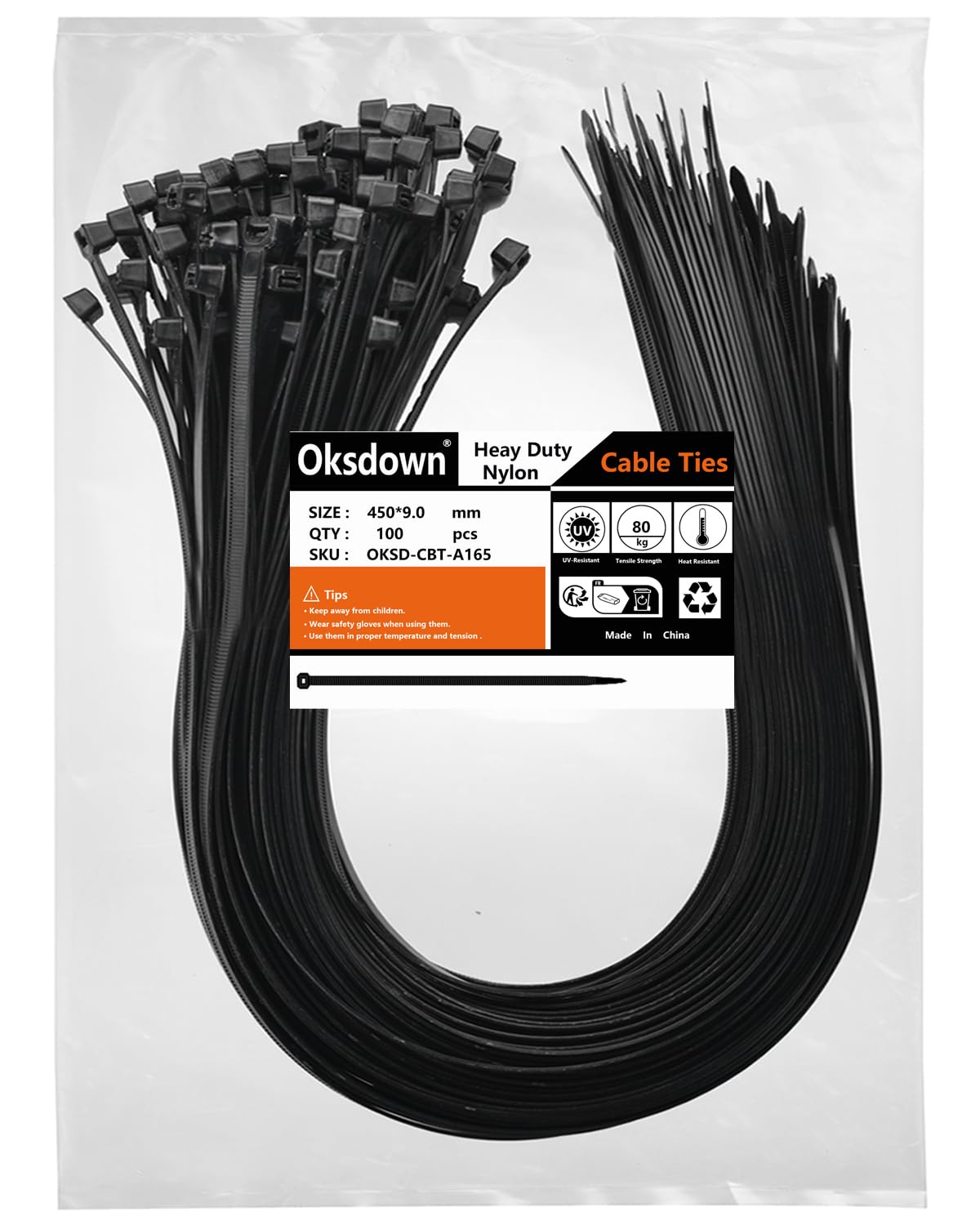 Oksdown 100 Pack Black Thick Cable Ties Heavy Duty Large 450mm×9.0mm Strong Nylon Plastic Self Locking 18 inch/45 cm Long Zip Tie Wraps