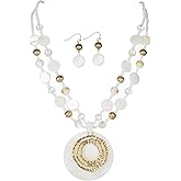 Rosslyons Multilayered Strand Statement Necklaces Set for Women Big Circle Shell Pendant Necklace with Colorful Beaded Chunky Choker Necklace and Earrings.