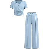 Lianpyxa Tween Girls Solid Color Crew Neck Slim-Fit Button Short Sleeve Top & Loose Straight-Leg Pants Summer 2PC Outfit Set