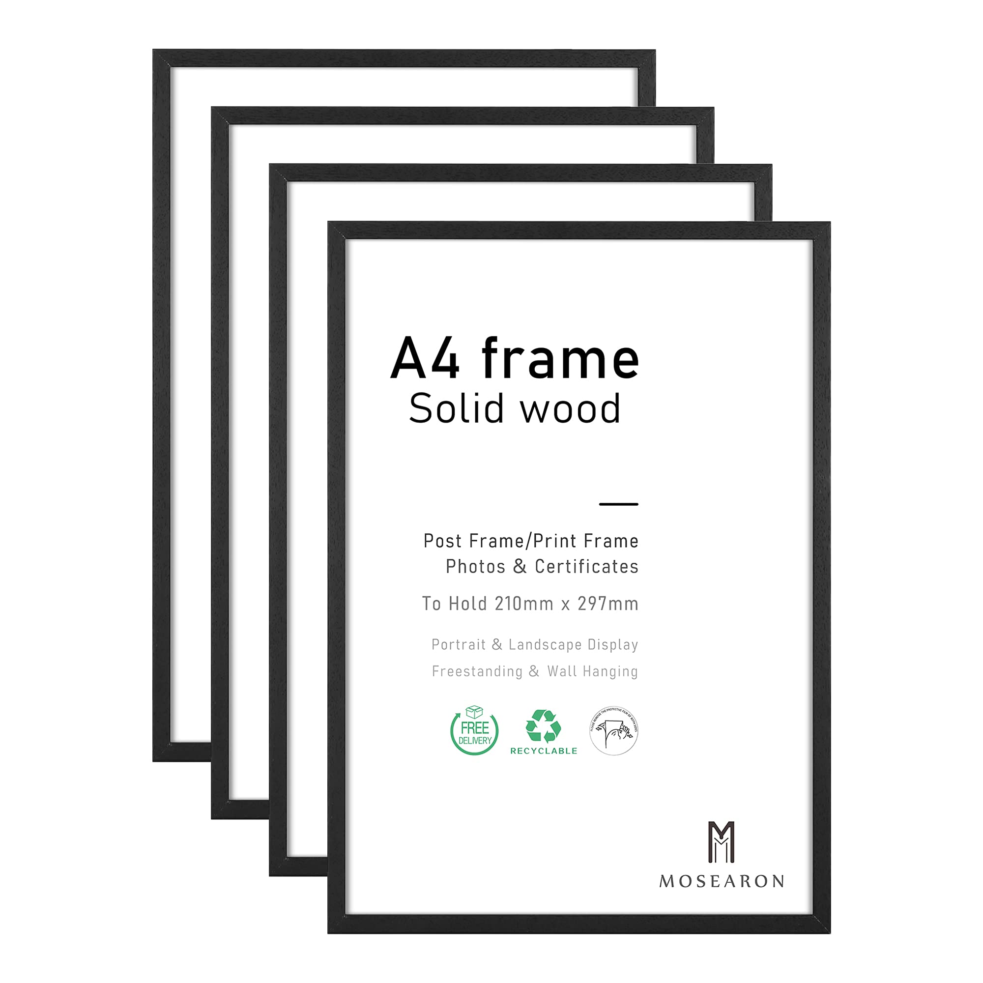 A4 Wood Photo Frame,4 Pack-21x30cm Black Wood Picture Frame,Certificate Frame for Wall Mount or Table Top Display,Set of 4