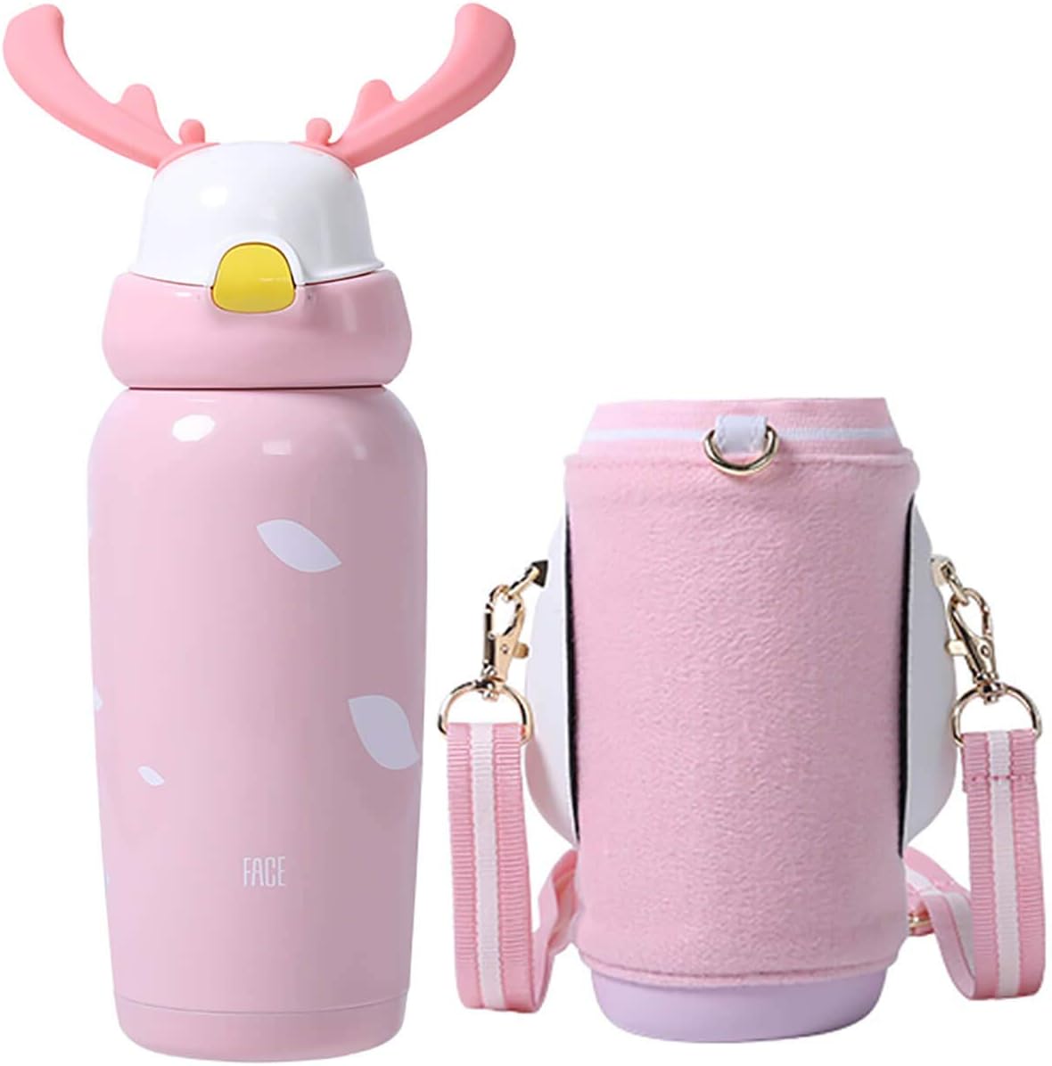 FACE Kids Water Bottle Cute Thermoses Insulated Stainless Steel Thermal Birthday Girl Boy Gifts Reindeer Antlers Funtainer, BAP Free, Leak-Proof,450 ml/15 oz