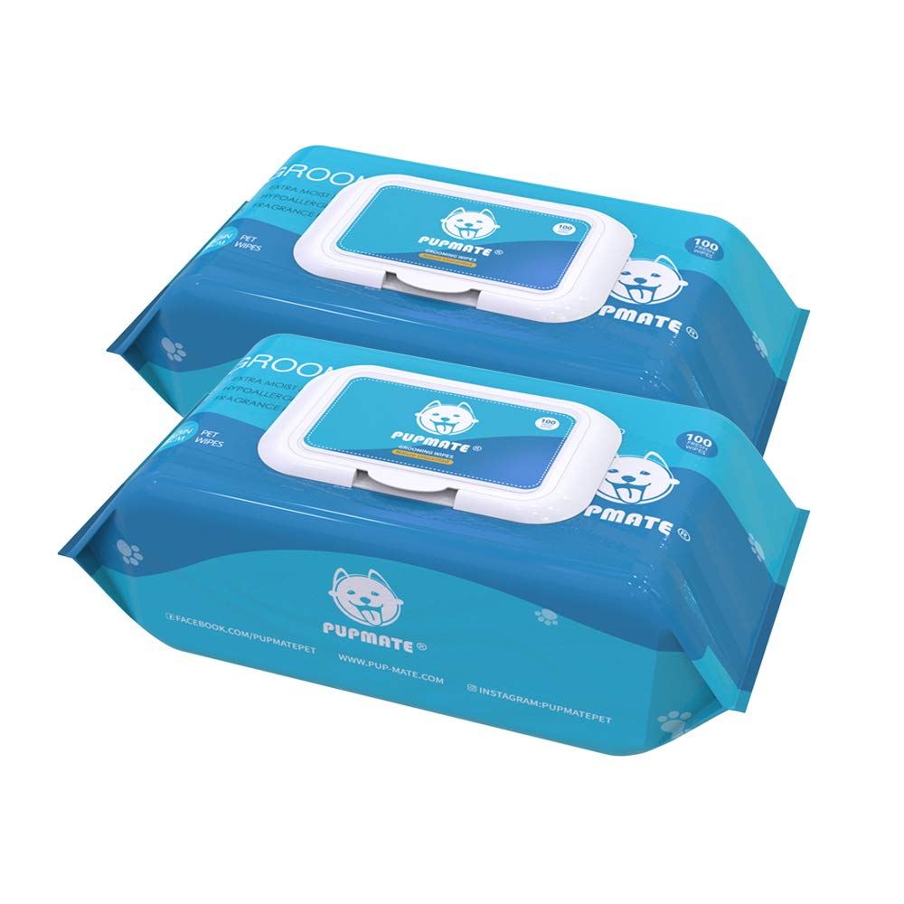 PUPMATE Pet Grooming Wipes, Extra Moist & Thick Deodorizing & Puppy Wipes for Dogs & Cats (Natural, 200 Count)