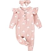 Guodeunh My First Valentines Baby Girl Romper Newborn Long Sleeve Heart Print Knitted Button Down Jumpsuit Headband