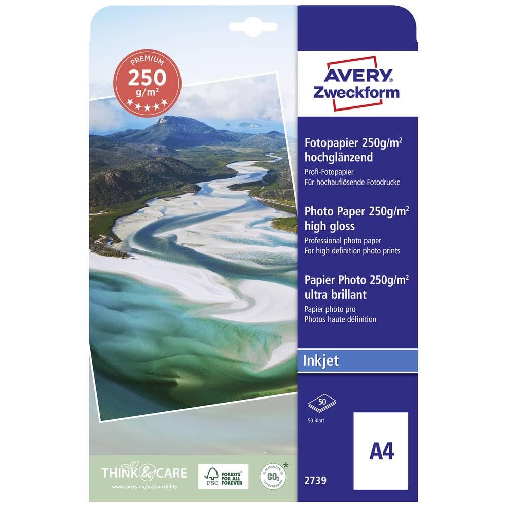 AVERY Zweckform 2739 Premium Inkjet Photo Paper (40 Sheets, 250 g/m², DIN A4 Paper, Coated on One Side, High-Gloss FSC, for High Definition Photos, Inkjet Printers, Instant Drying)