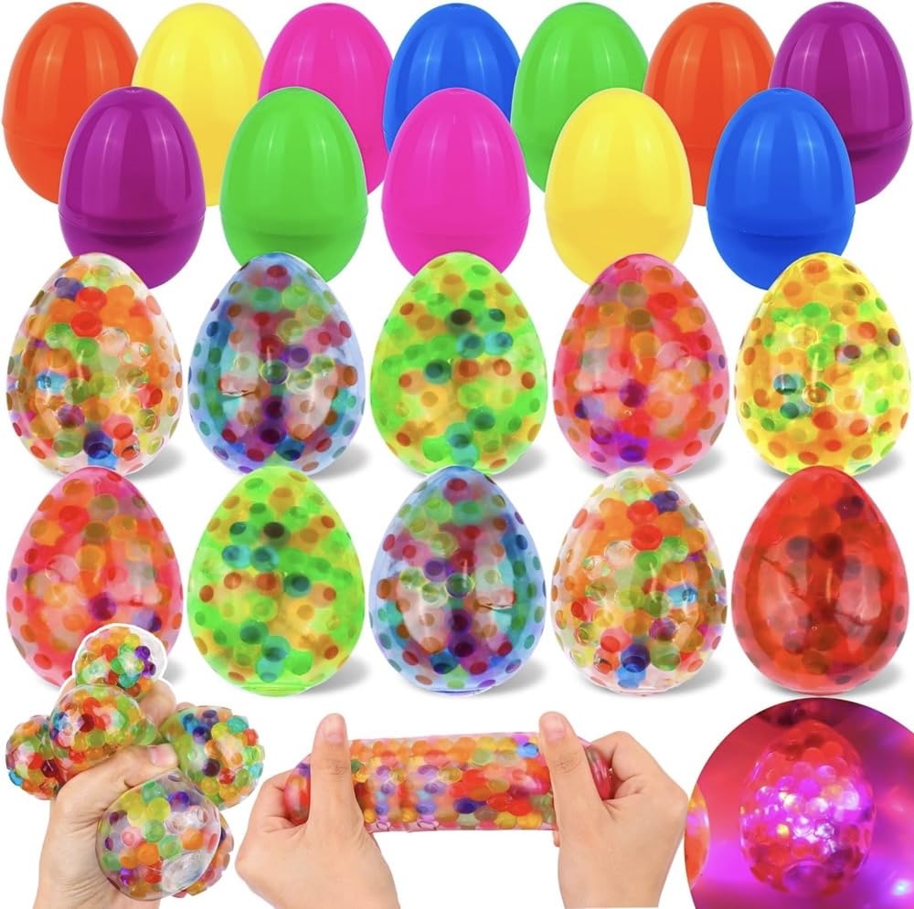 FLYSNK 12 Pack Plastic Easter Eggs Filled with Light Up Fidget Stress Balls, Glow in The Dark Egg Shape Squeeze Balls Sensory Toys Party Favors for Kids Teens Easter Egg Hunt Basket Stuffers Fillers
