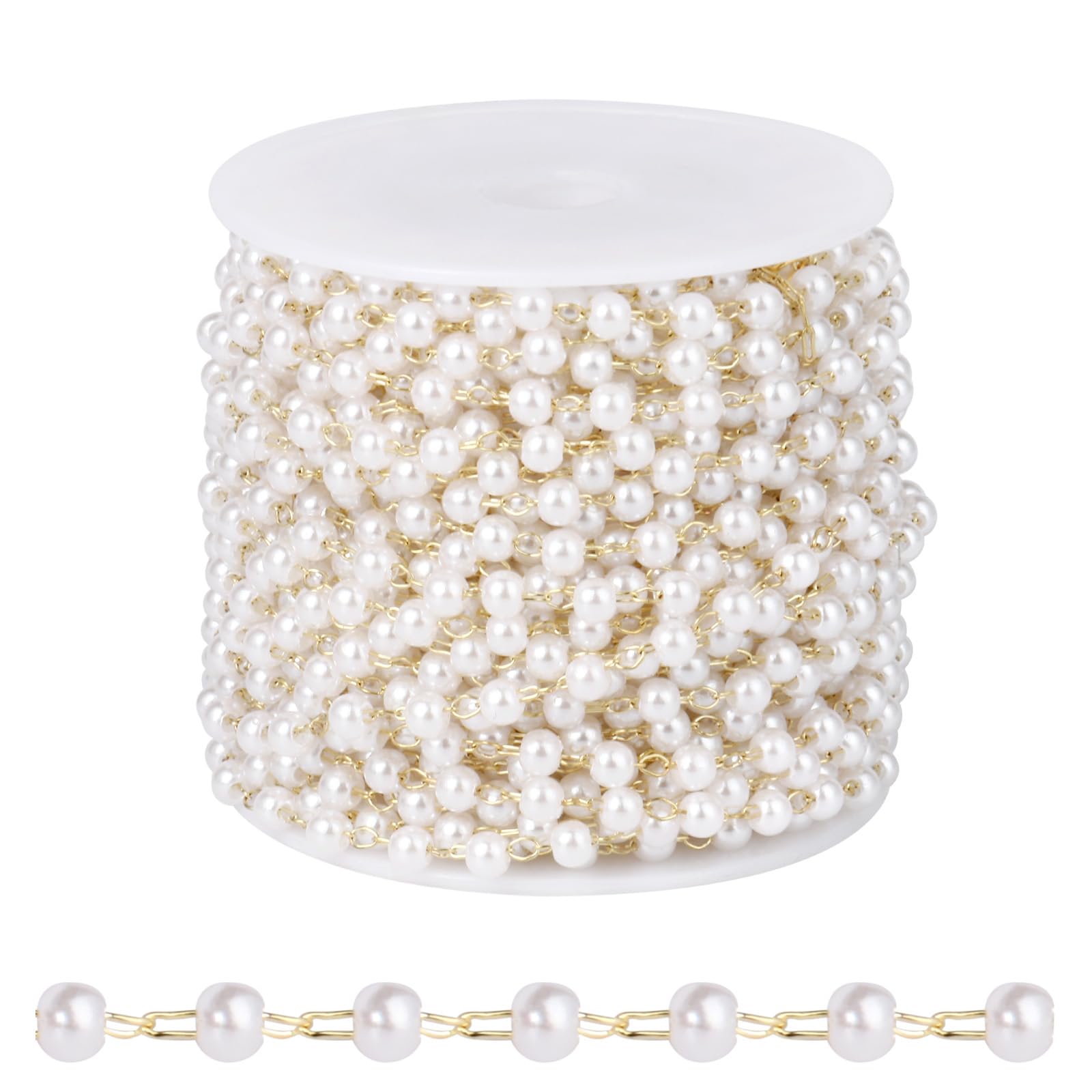 Photo 1 of [33 FT] Gold Plated Pearl Beads Chain Bulk for Jewelry Making, 3mm Pearls Beaded Brass Oval Link Chains Roll Spool for DIY Craft Jewelry Making