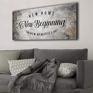 Sense of Art | New Home New Beginning Quote | Wooden Framed Canvas | Ready to Hang Wall Art for Home Decoration