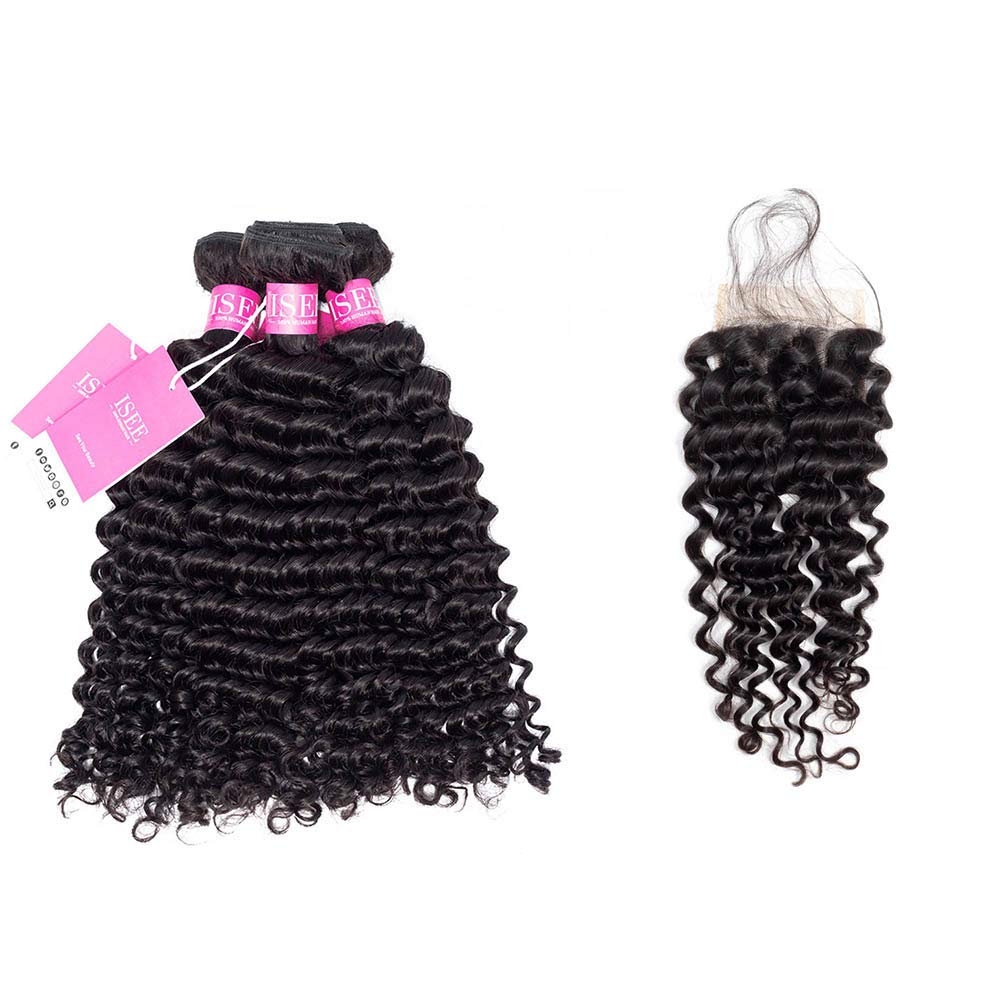 ISEE Hair 8A Grade Brazilian Deep Wave Virgin Hair Brazilian Curly Human Hair Weave 3 Bundles With 4"x4" Lace Closure Unprocessed Natural Human Hair Extensions (222426&20closure)