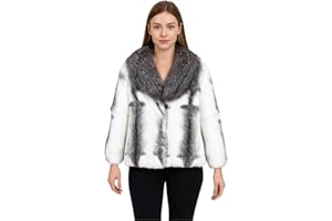 Women Real Rabbit Fur Coat with Genuine Fox Fur Collar Ourwear Warm White with Black Color