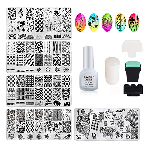 AIMEILI Nail Art Stamping Templates Manicure Tool Kit, 5pcs Nail Stamping Plates, 1 Latex Peel Off Tape, 2 Stamper, 2 Scraper