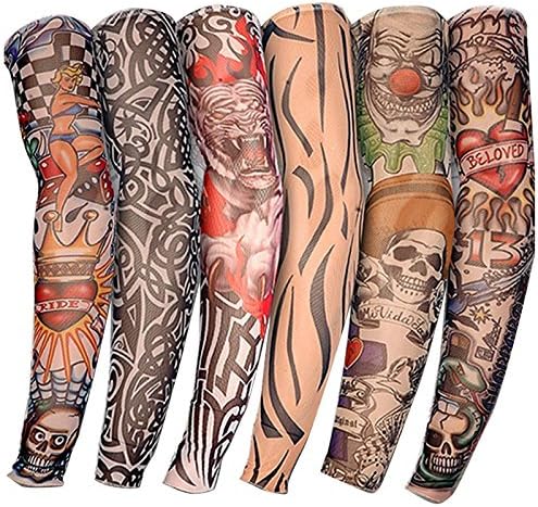 Comic Super Hero New Nylon Elastic Fake Temporary Tattoo Sleeve Designs Body Arm Stockings Tatoo for Cool Men Women (2pc/4pc/6pc) (Set of 6)