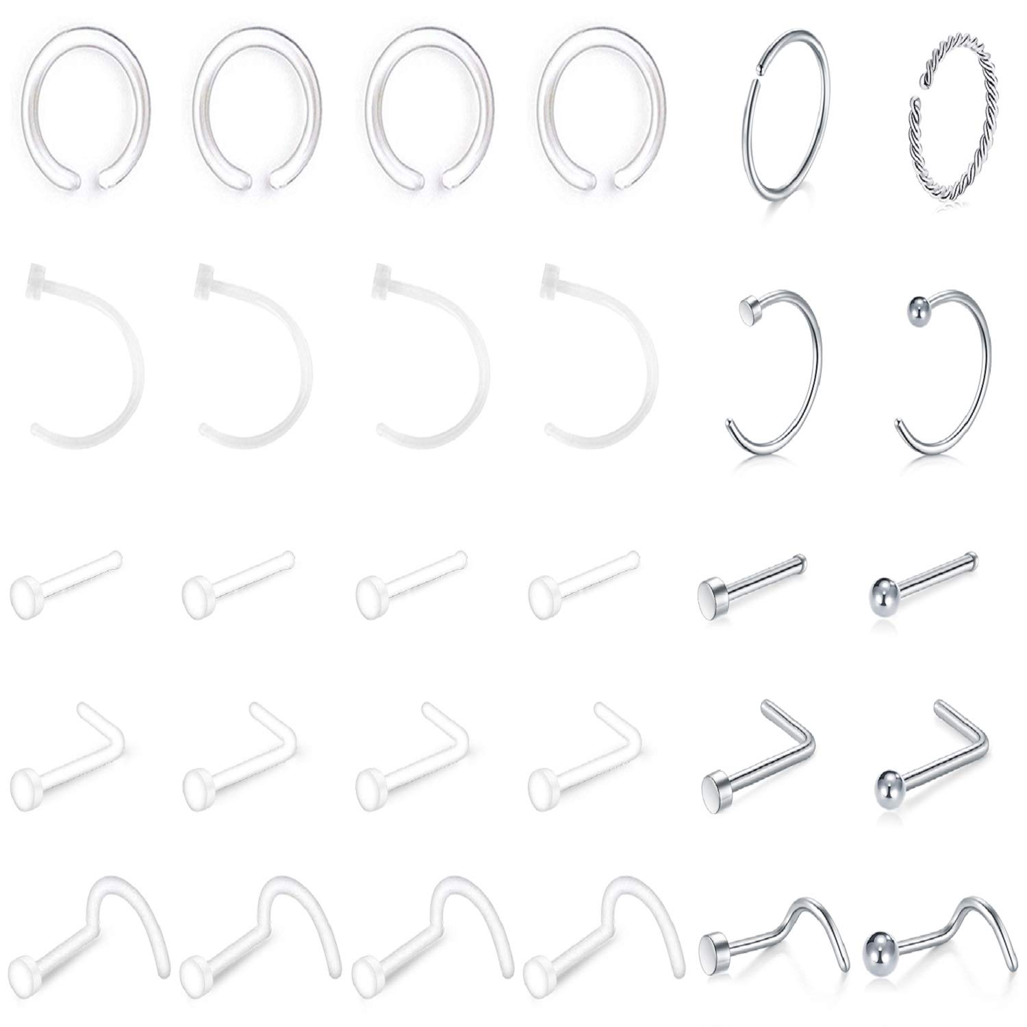 LAURITAMI 30pcs Clear Nose Stud Piercing Ring Retainer 20G Bioflex Acrylic Nasal Hoop Pin Bone Screw Spiral L kit Invisible