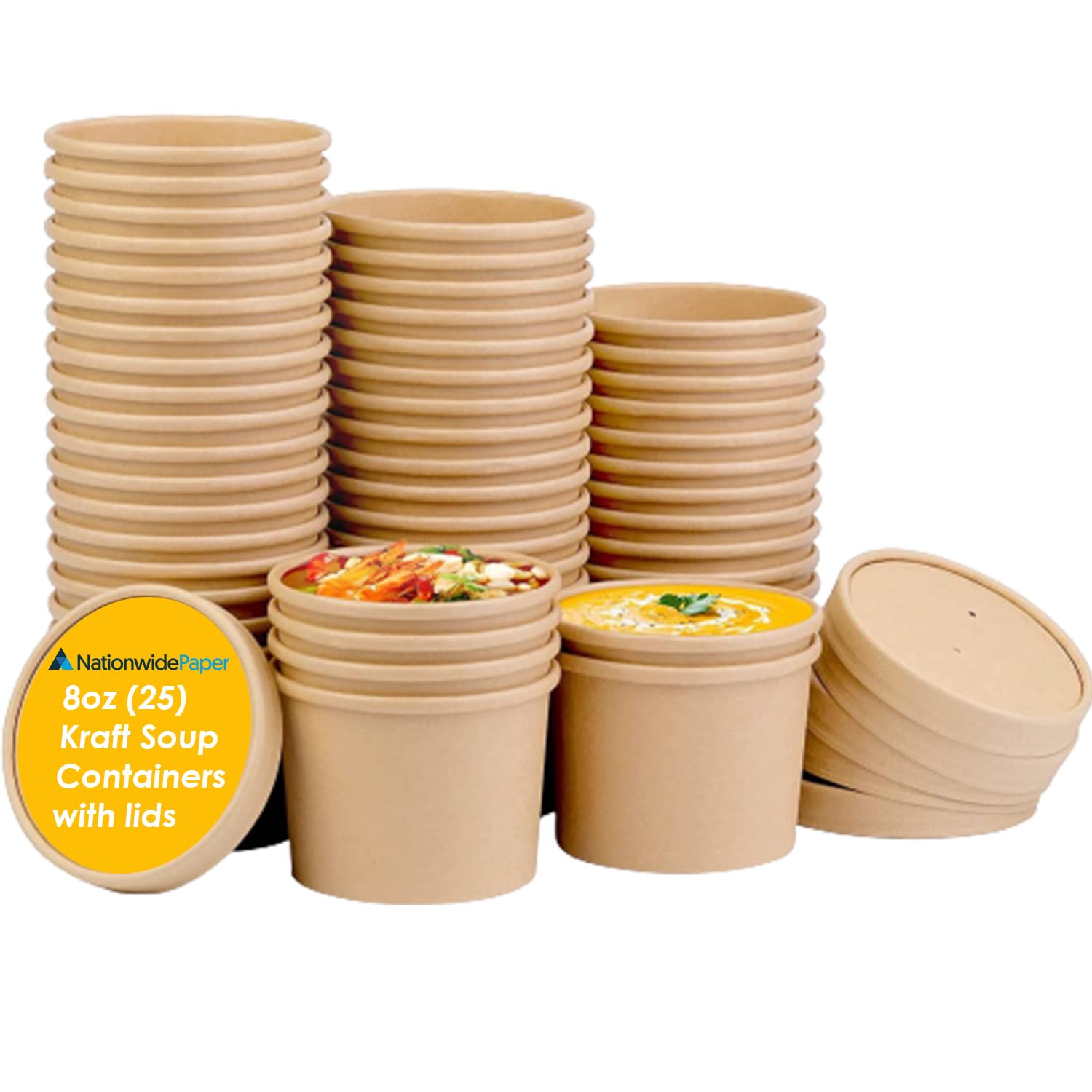 Nationwide Paper 25 Pcs-8oz Brown Kraft Soup Containers with Lids Disposable Takeaway Paper Soup Cups Takeaway Tubes-240ml — image 1