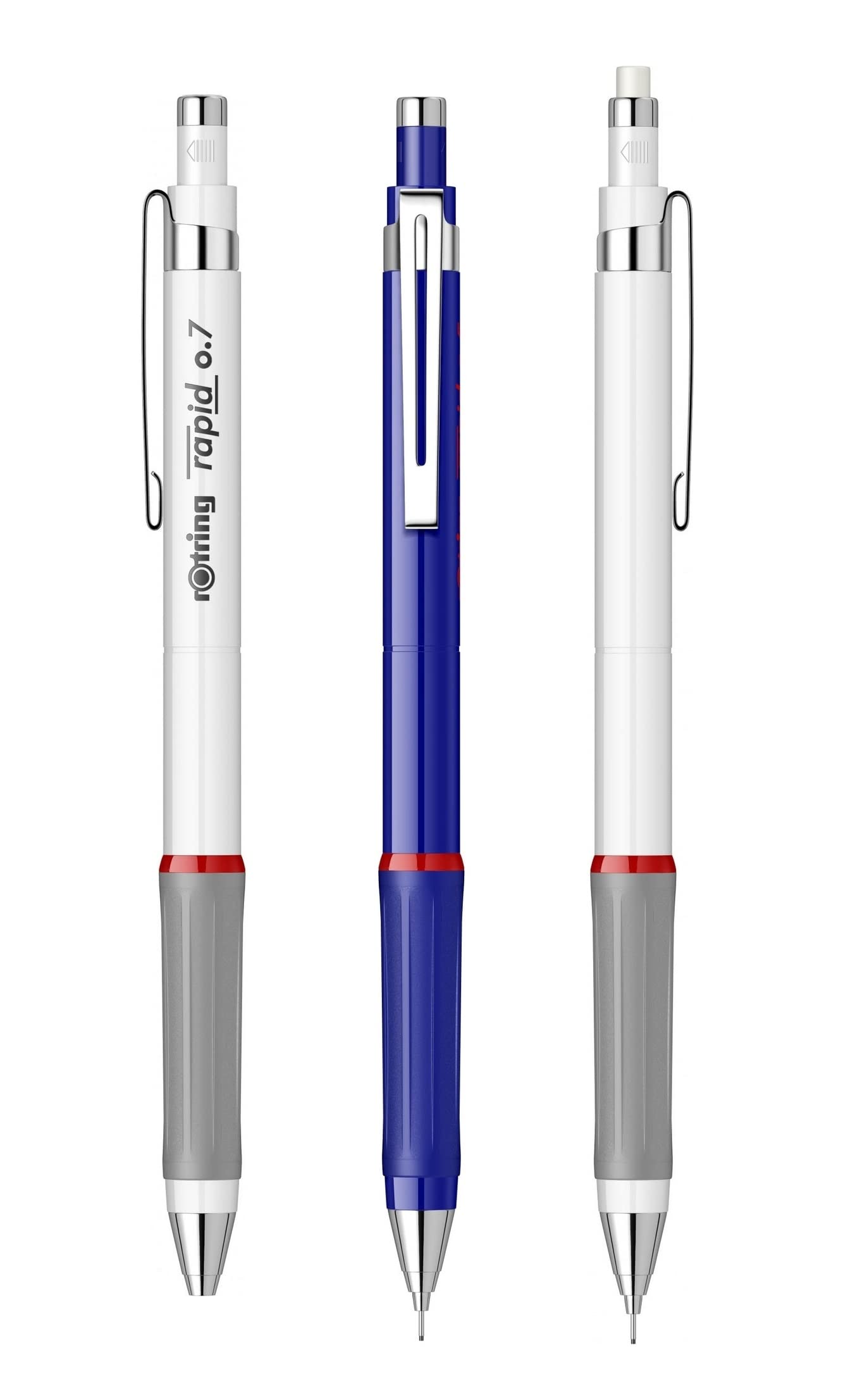rOtring Rapid Mechanical Pencils - HB 0.7mm - Pack of 3 - White & Blue Barrels - Rubber Grip - Twistable Eraser