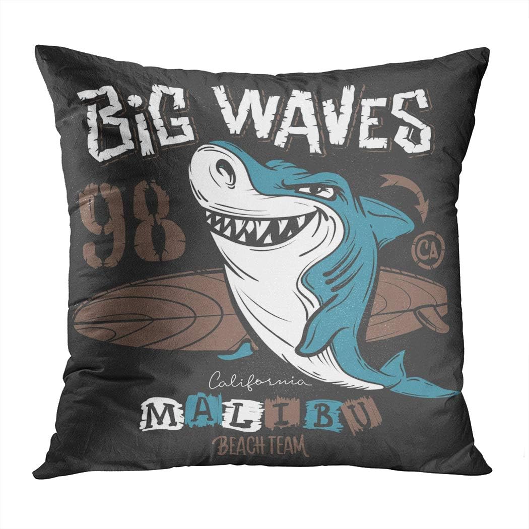 Suike Throw Pillow Cover Surf Shark Design Beach Comic Illustration Animal Hidden Zipper Home Sofa Decorative Cushion Case 16x16 Inch Square Printed Pillowcase