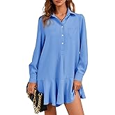 Fisoew Womens Casual Button Down Shirt Dress Long Sleeve Collared Pleated Swing Mini Dresses