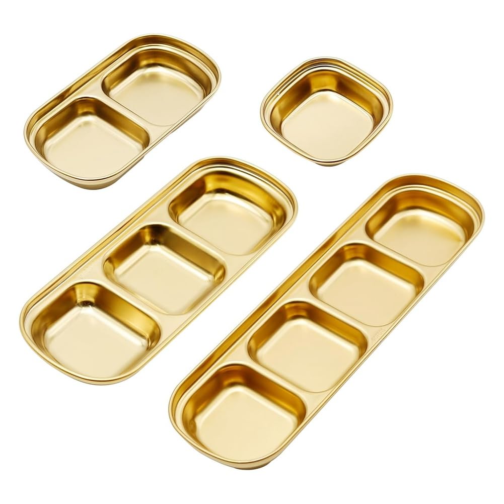 Fowecry 4Piece Stainless Steel Sauce Dish Divided Seasoning Soy Sauce Dipping Plate Ketchup Dipping Bowls Banchan Dishes,Gold