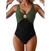 Eomenie Women's One Piece Swimsuit Tummy Control Ruched Bathing Suit Metallic Accents V Neck Swimwear Adjustable Straps