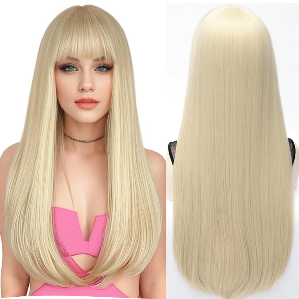 PORSMEER Long Blonde Wigs for Women, Layered Straight Synthetic Heat Resistant Hair Wig with Fringe for Ladies Cosplay Party Halloween Costume Anime — image 1