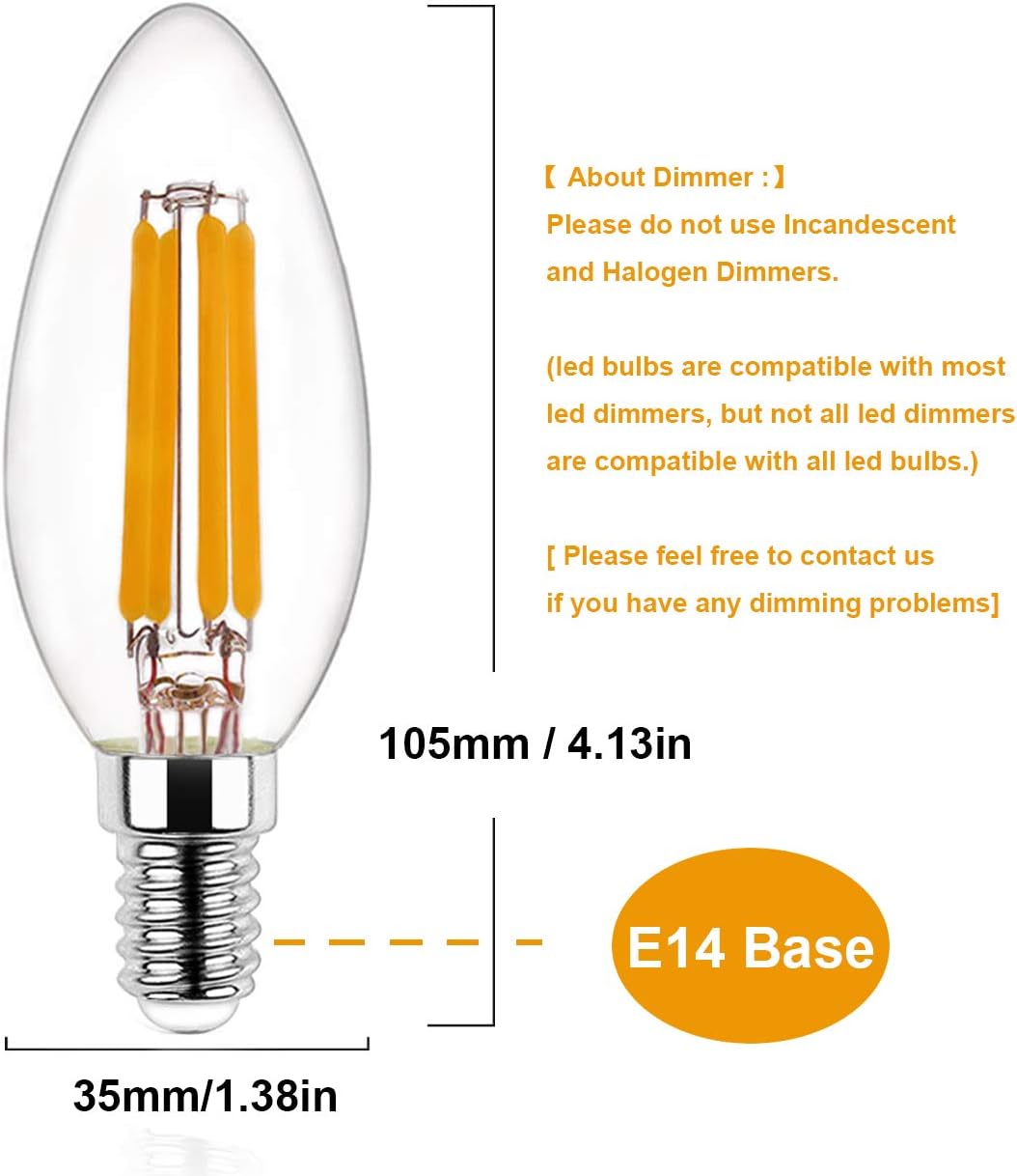 E14 LED Candle Bulbs Dimmable 4W, 40W Equivalent, No Flicker Small Edison Screw SES Chandelier Light Bulbs, Soft Warm White 2700K, C35 LED Filament Bulb by Skcnite, 5 Packs - Image 3