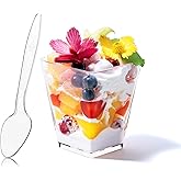 50 Pack 5 oz Square Dessert Cups with Spoons, Clear Plastic Parfait Cups for Party, Mini Serving Shooter Appetizer Cups, Dessert Shot Glasses for Tasting Samples Fruit Ice Cream